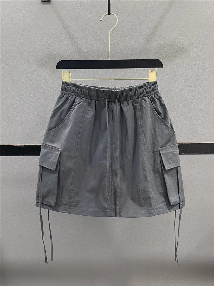 Casual Grey Workwear  Skirt Elastic Waist Drawstring Slim A-Line Skirt Leisure Short Skirt Women's Spring Summer Cotton P...