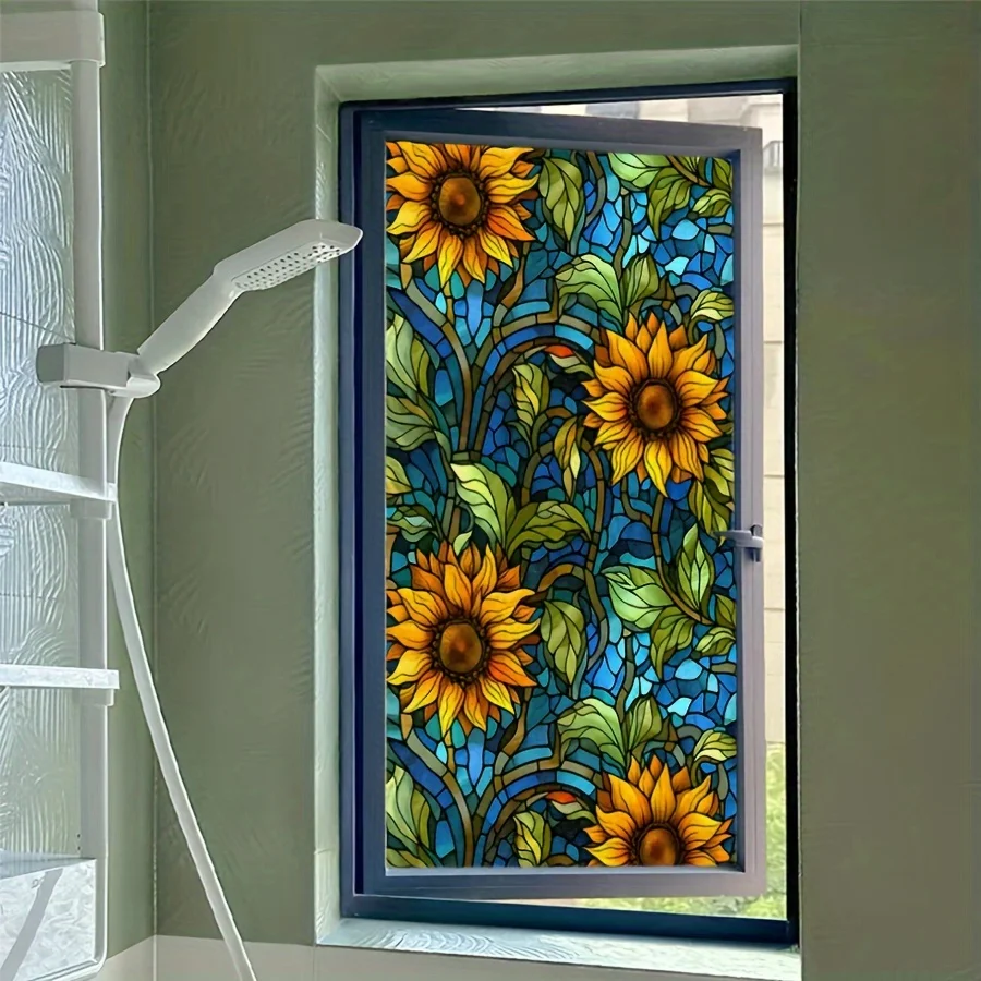 1pc Sonnenblumen Privatsphäre Fenster Film Kein Klebstoff Elektrostatische Buntglas Fenster Aufkleber Anti-kollision Hause Dekoration