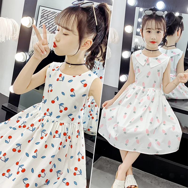 Girls Dress New Arrived Summer Cute Fruit Print Round Neck Sleeveless Dress Cotton Teen Clothing image 4