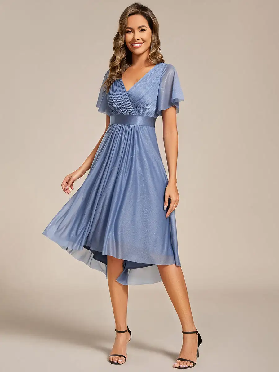 

Elegant Evening Dresses Short sleeves Ruffles Sleeve Pleated 2025 Ever Pretty of Dusty Blue Wedding Guest Shimmer Dresses