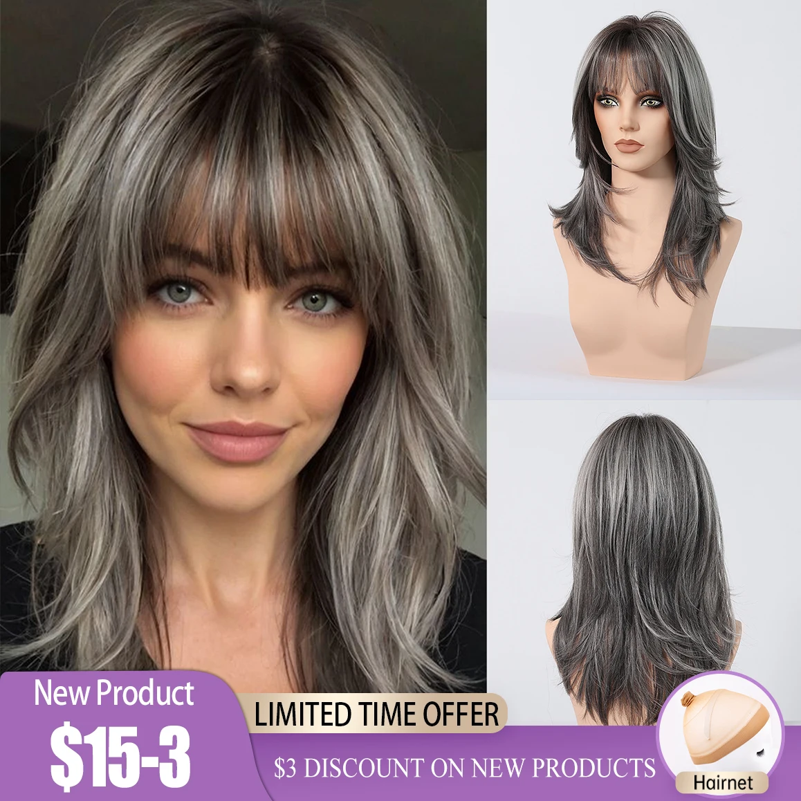 HENRY MARGU Grey Layered Synthetic Natural Wig Medium Length Straight Wig with Bangs for Women Daily Party Wigs Heat Resistant