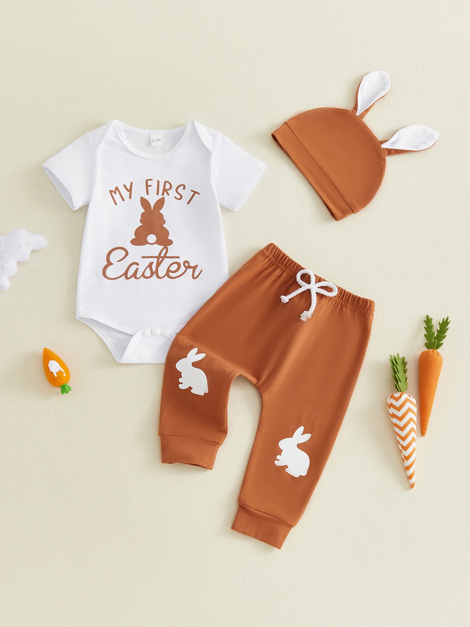 

Пасхальный комплект из 3 предметов для маленьких мальчиков с комбинезоном с короткими рукавами и принтом кролика, шапкой и брюками с эластичной резинкой на талии для создания милого образа