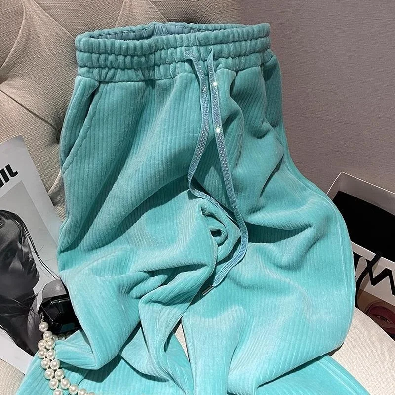 Lake Blue Thickened Wide Leg Pants Women\'s Loose Autumn Winter High Waist Warm Casual Sweatpants Trendy Korean Style Commute