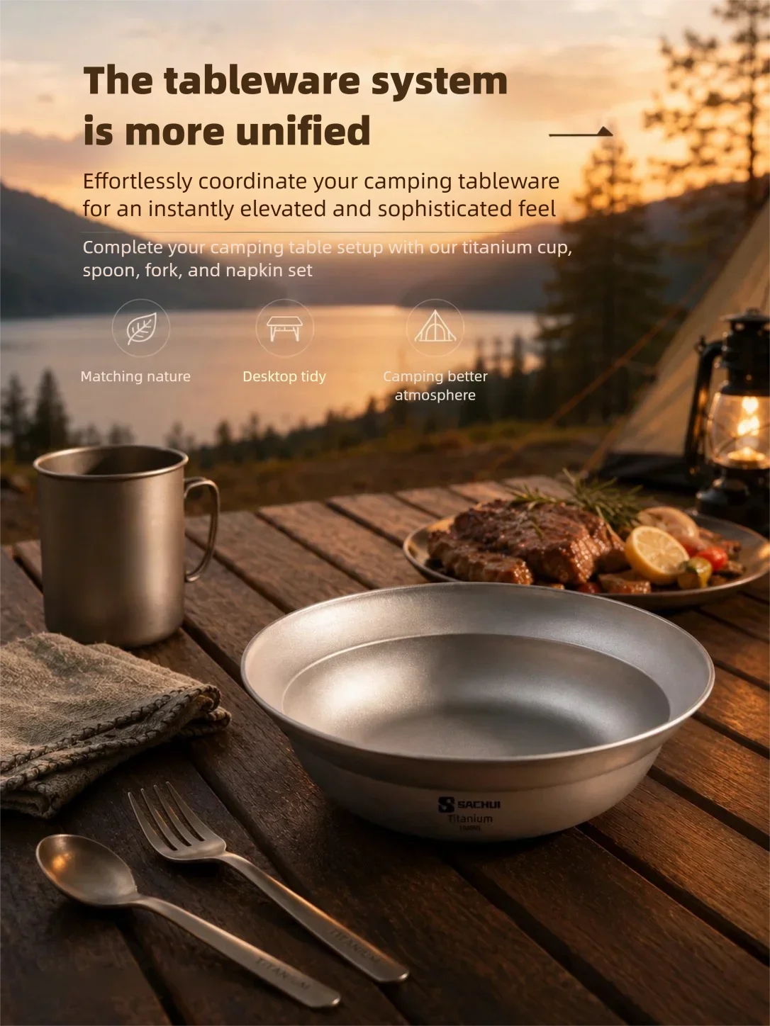Reines Titan Camping-Geschirr: Große Schüssel, Teller, Besteck für Outdoor, Wandern, Reisen – Ultraleichte, tragbare Salatschalen und Lamian-Tischware – Detail 11