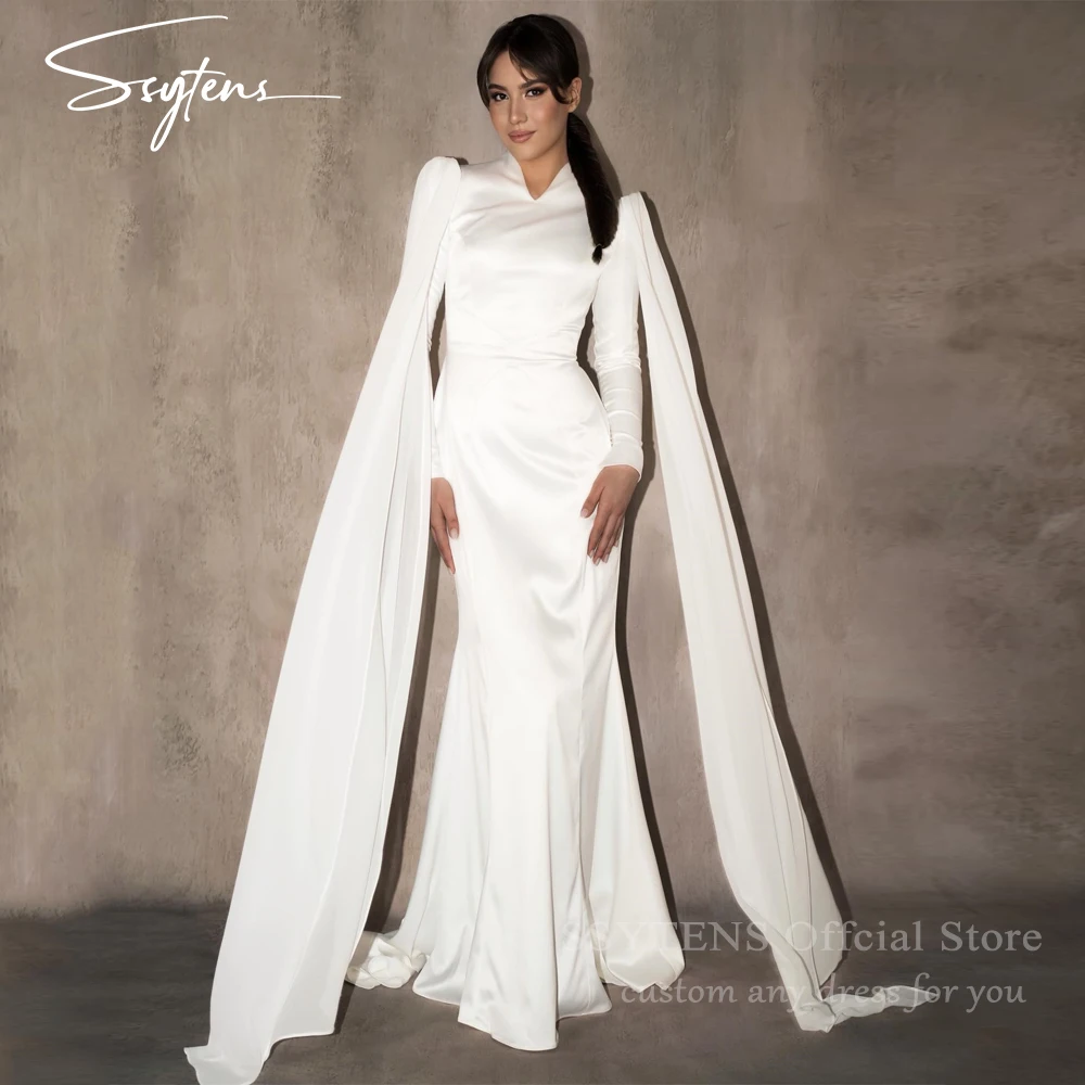 

SSYTENS Satin Muslim Mermaid Wedding Dress V Neck Cape Long Sleeve Vestido De Novia Arabia Bride Dress Robe De Mariée Customized