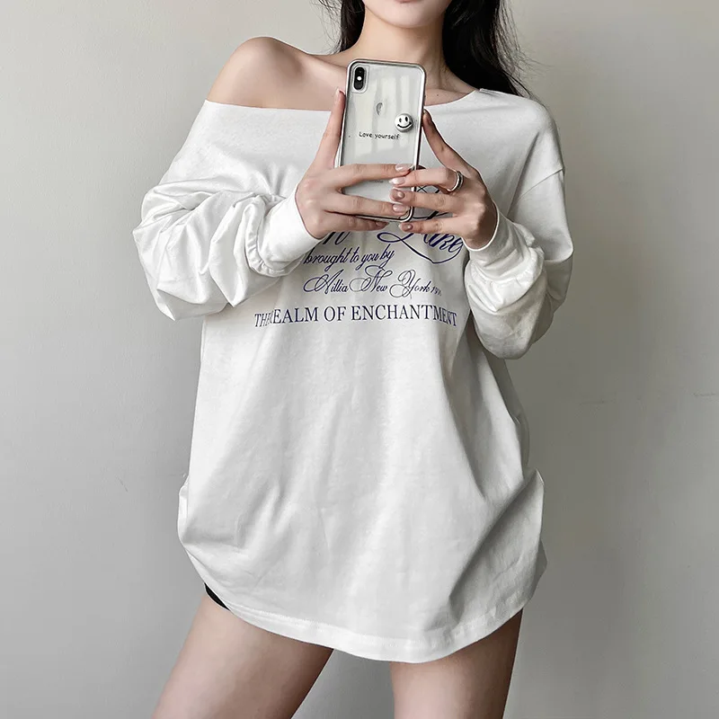 

2025 Summer New Women's Street Fashion Tops Letter Printed Oblique Shoulder Short Sleeve Loose T-shirt Tops