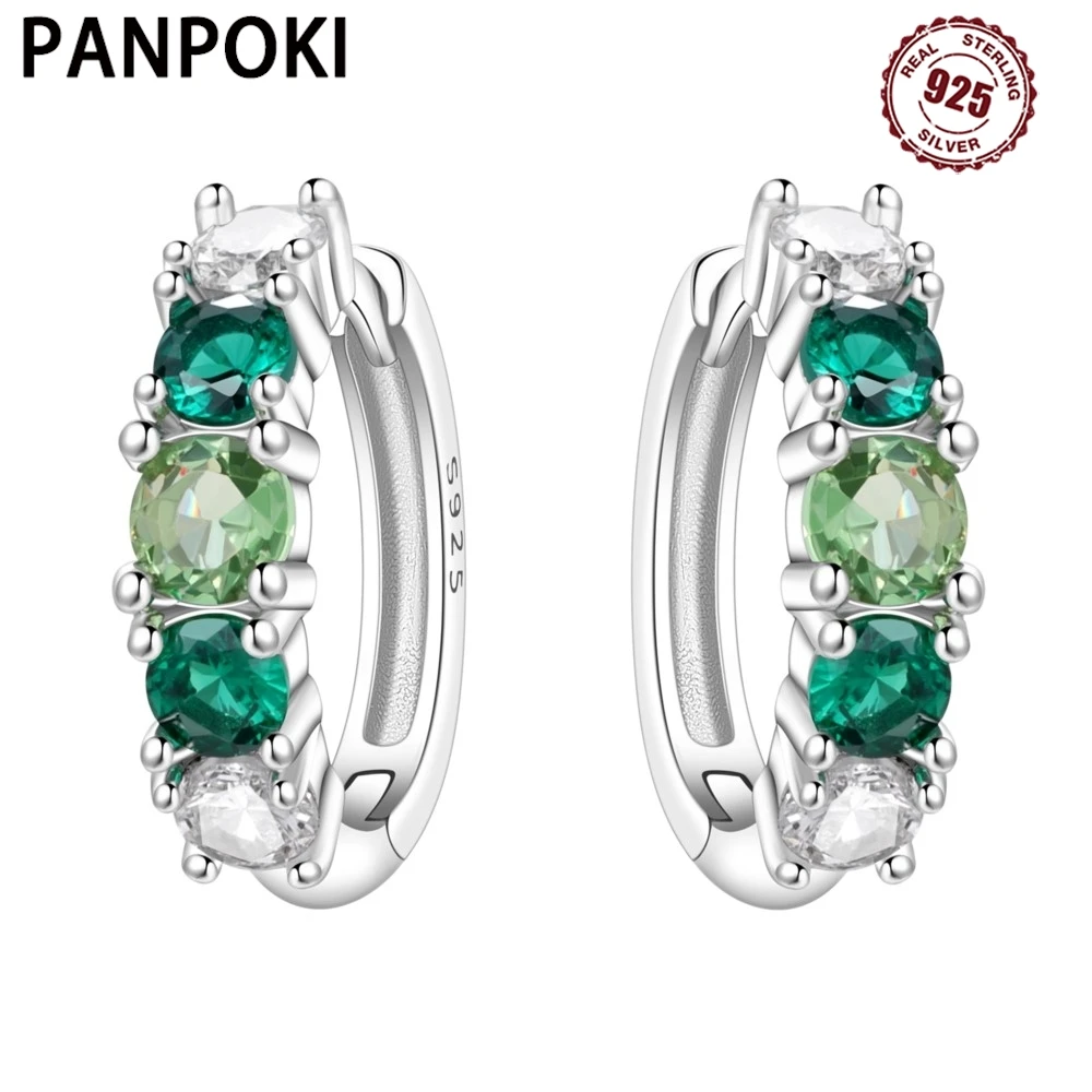 PANPOKI Neue S925 Sterling Silber Grün Gradienten Zirkon Ohrringe Hoop Ohrringe Für Frauen Schmuck Original Party Trendy Geschenke