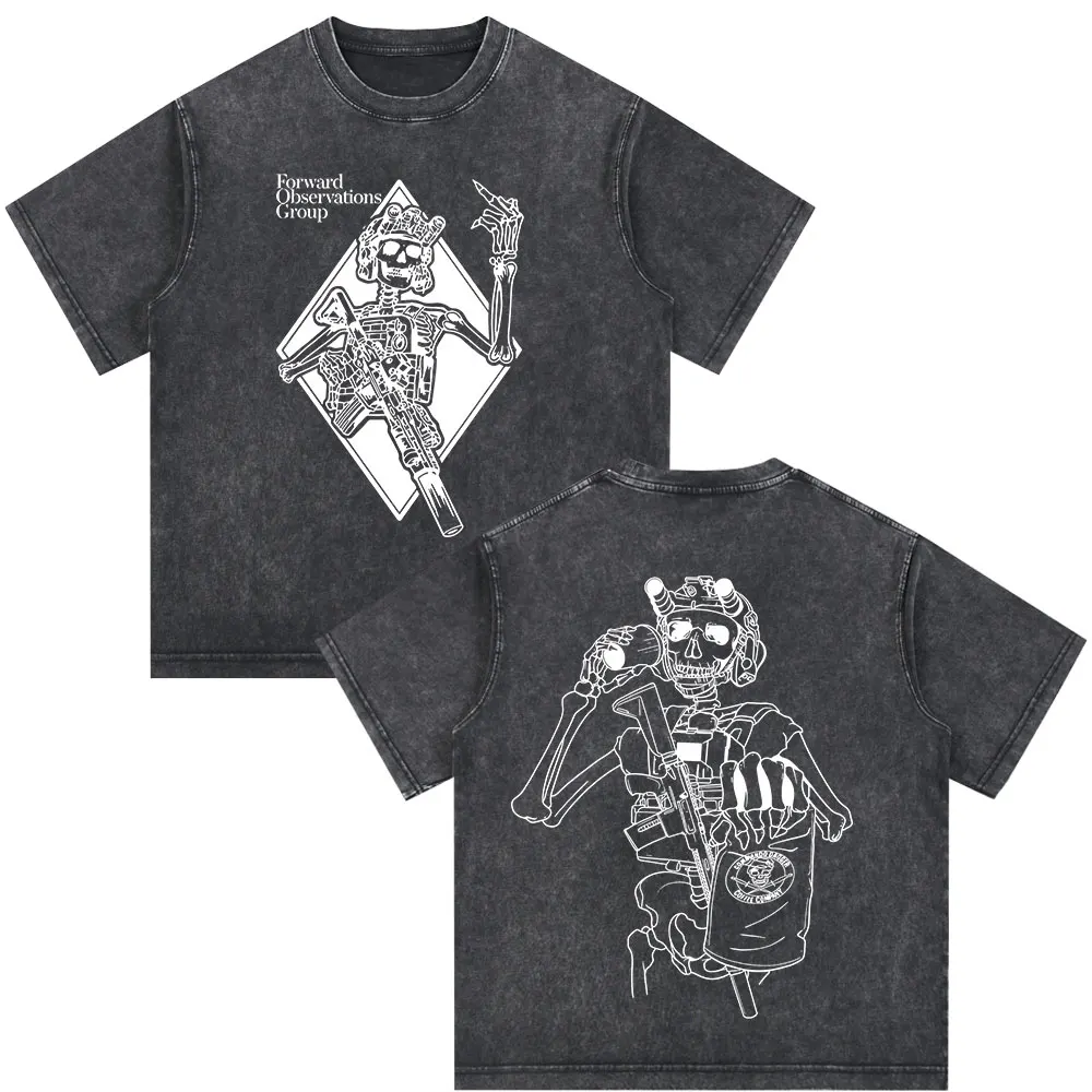 Forward Observations Group Skeleton Vintage Washed T-shirt Men Women Clothing Cotton Casual Short Sleeve T Shirt Tops Streetwear