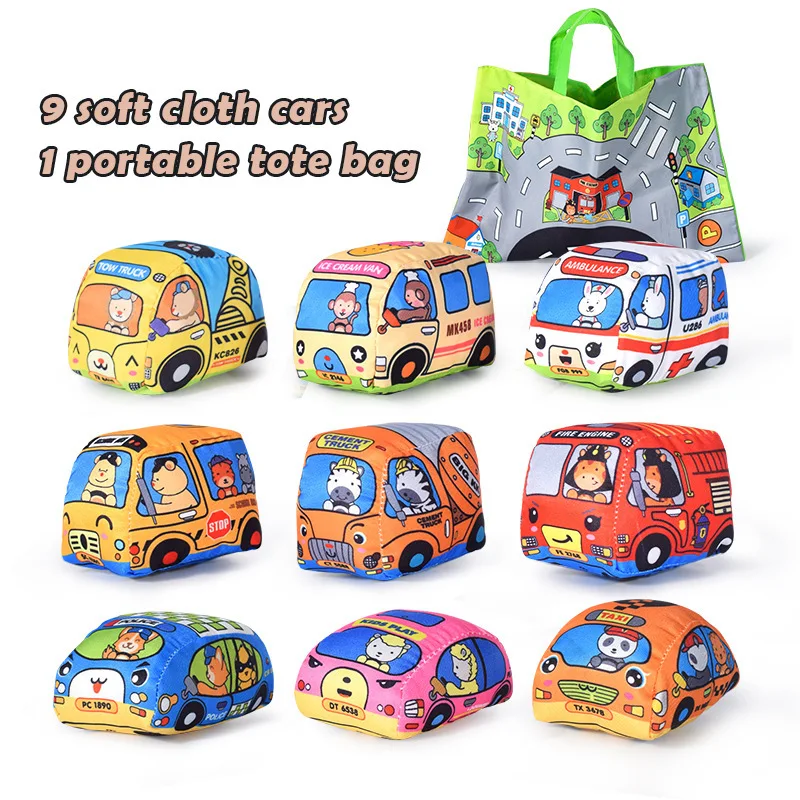 Set di auto in panno morbido Montessori libro di stoffa borsa per autobus tridimensionale 0 anni + giocattolo interattivo per la prima educazione del bambino
