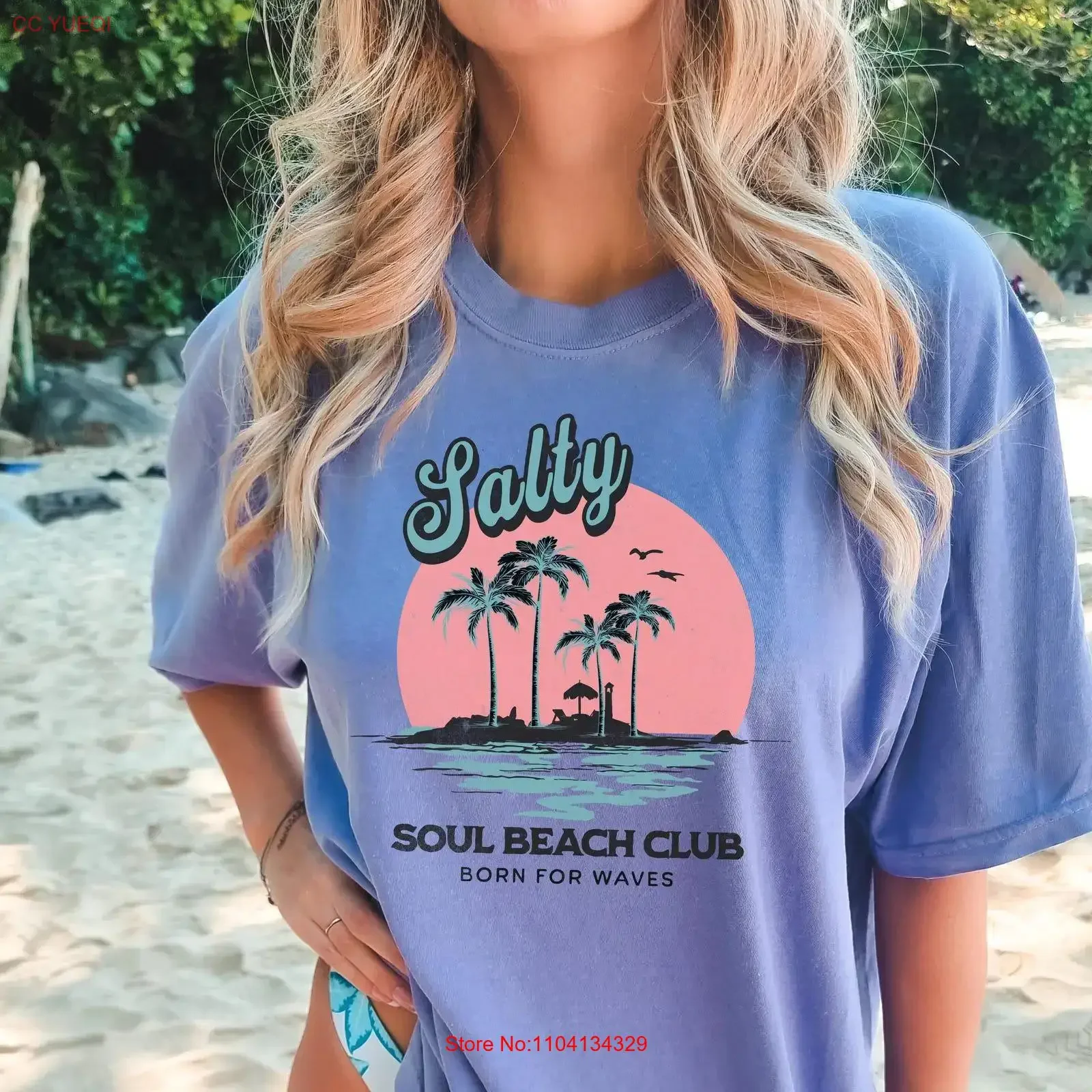 T-shirt Salty Soul Beach Club pour femmes, style rétro, tendance vintage, délavé, mode streetwear unisexe, pour voyage d'été à la plage