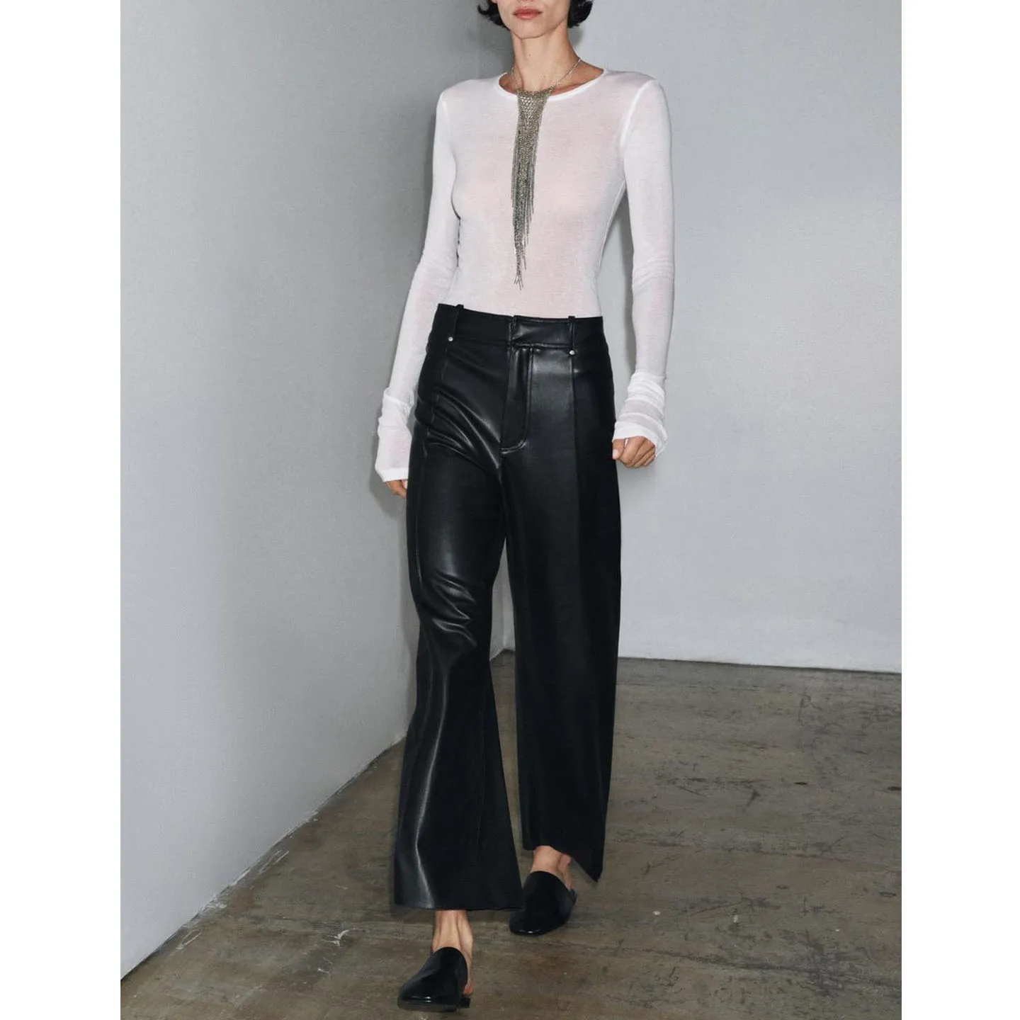 High Waist Cus-Made Women's Leather Look PU Pants New Autumn Design Loose Wide Leg Trousers for Ladies Polyester Fiber