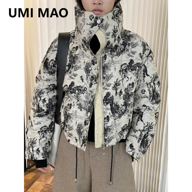 UMI MAO Winter New Oriental Style Ink Painting Bread Down Jacket Fluffy Warm Loose Short Coat For Women Casacos Feminino