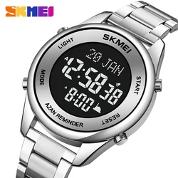 SKMEI New Stainless Steel Muslim Azan Men Watch for Prayer with Qibla Compass Adhan Alarm Hijri Islamic Wristwatch Montre homme