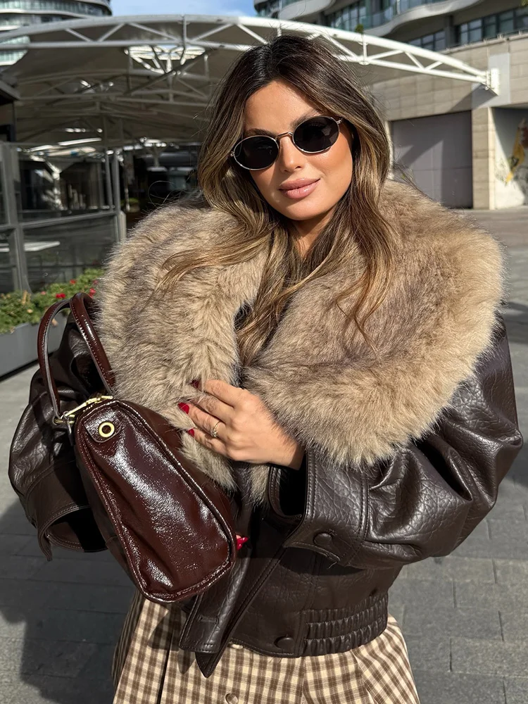 

HH Woman Elegant Winter Street Style Long Sleeves Lapels Zipper Belt Pocket Decoration Coated Faux Leather Faux Fur Jacket