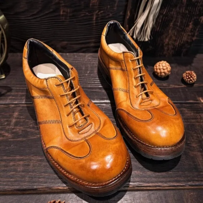 

British Style Water-washed Genuine Leather Retro Work Derby Men's Shoes Casual Brown Soft Soles Outdoor Formal Oxfords Male