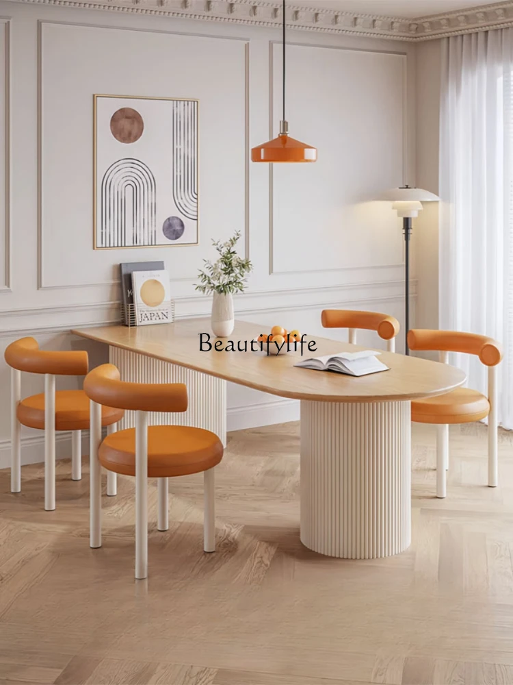 Cream Style Semicircle Dining Tables and Chairs Set Solid Wood Log Modern Simple Home