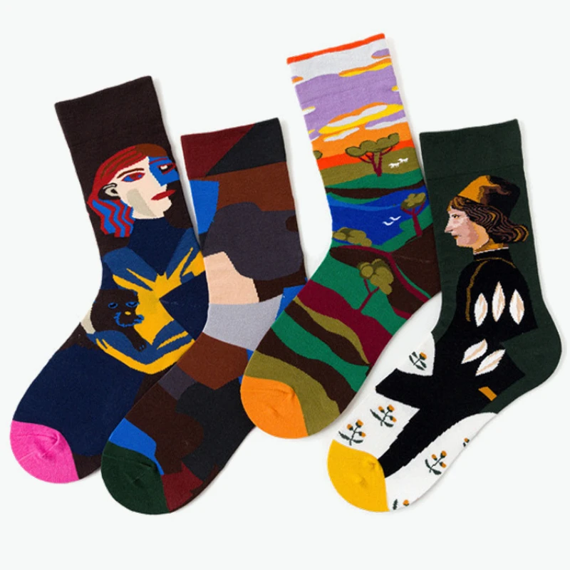 Men's ins tide European and American street oil painting personality art couple explosion models in tube socks