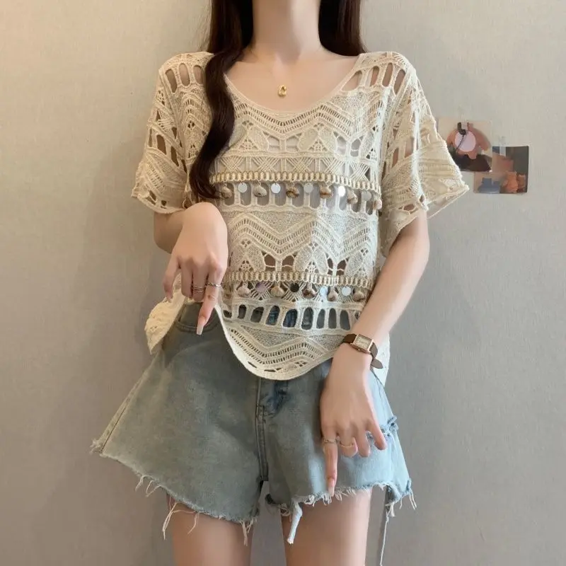 

Sleeve Knitted Cover Shirt Summer Versatile Top Women's French Shell Crochet Lace Hollow Out Short