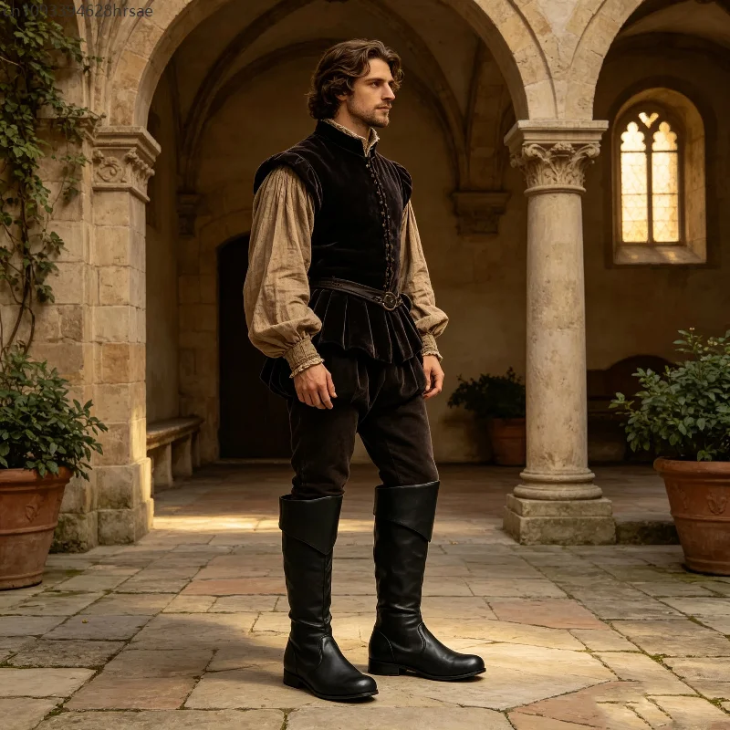Men Medieval Renaissance High Boots  Leather Vintage Pirate Knight Cosplay Boots Flat Heel Retro Historical Costume Footwear