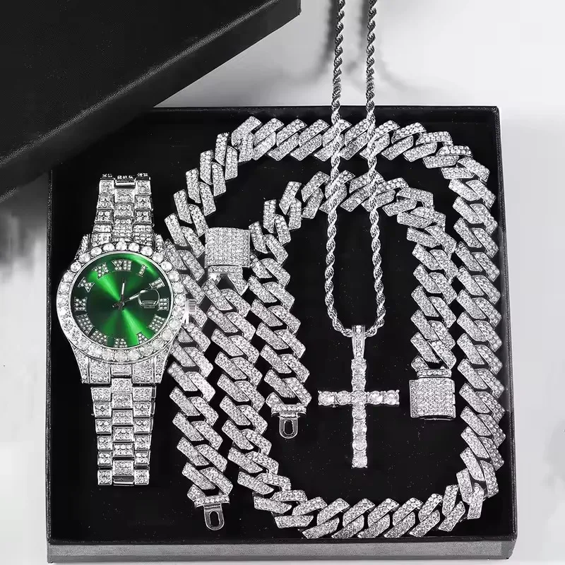 

Iced Out Роскошный браслет и ожерелье, набор часов, кубинская цепочка, ювелирные изделия в стиле хип-хоп, круглый циферблат, наручные часы со стразами для мужчин и женщин