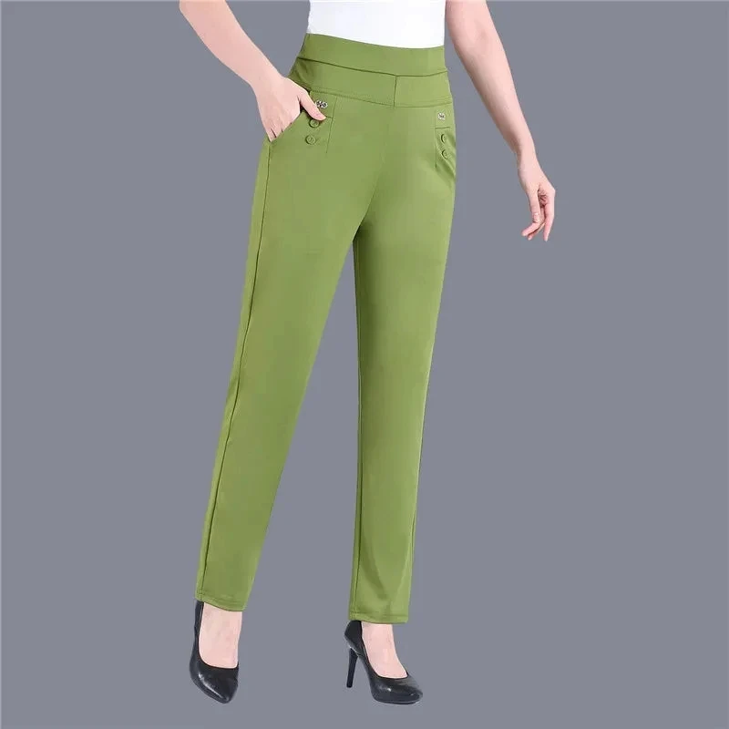 Plus Size Casual Women Elastic Basics Pencil Pants Straight Trousers OL Candy Colors High Waist Ankle-Length Pants Middle-aged