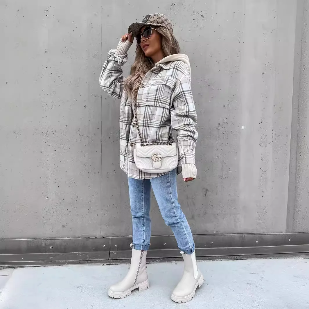 New Autumn and Winter Minimalist Hooded Loose Checkered Button Down Shirt Jacket Veste Femme Coat Women
