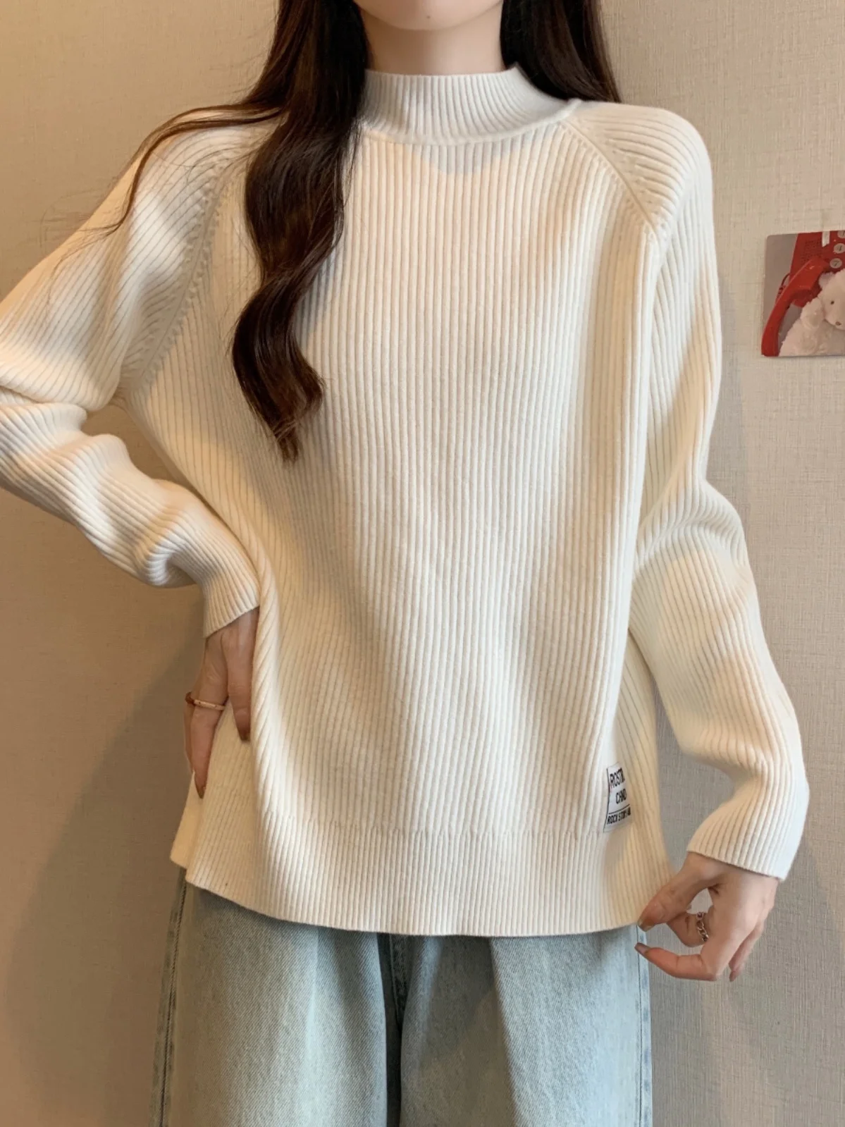 Suéter Hoado de Punto para Mujer, Otoño Invierno, Cuello Medio Alto, Felpa, Talla ande, Cseta Base, Cubre el Abdomen, ...