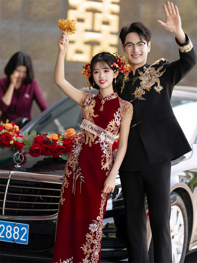 Burgundy Red Bridal Qipao Wedding Dress Slim Fit Engagement Gown East Asia Classic Banquet Party Cheongsam Retro Vestido CT068