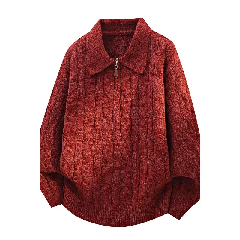 Men's  Knit Sweater Pullover Solid Color Long Sleeve Lapel zipper-Up Fall Winter Loose Warm Casual top M825
