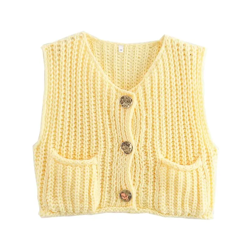 Gilet senza maniche tascabile autunnale con scollo a v Cardigan monopetto maglione lavorato a maglia gilet corto Sweet Chic Ladies Tops