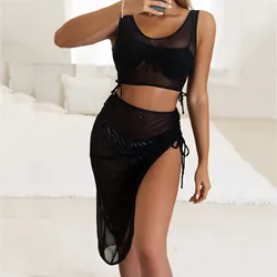 Dwuczęściowy zestaw kobiet letnie Bikini Cover Up plaża sukienka bez rękawów zestaw Sexy bez rękawów Mesh przezroczysta bluzka spódnica wakacje Bikini