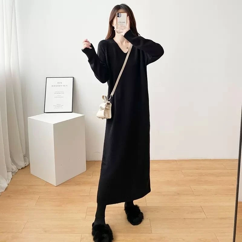 Senhoras de malha com decote em v solto ajuste camada base saia outono inverno casual em linha reta estilo coreano para mulheres escritório data outfit presente