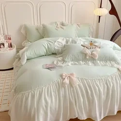 French Princess Style Bedding Sets Ruffle Lace Bow Quilt Cover Romantic Bedclothes Decor Woman Girls Bedroom/  Bedding Set