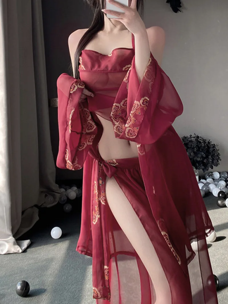 

Sexy Belly Bag Classic Retro Style Hanging Strap Uniform Red Long Skirt Set Backless Fashion Romantic Elegant Charm Bold 01TE