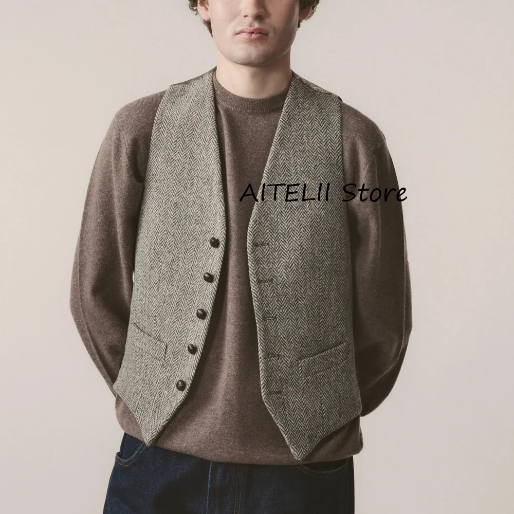 

Мужской жилет с прямыми карманами и v-образным вырезом из ткани «елочка», повседневный и стильный модный костюм, рабочие винтажные классические костюмы, блейзер