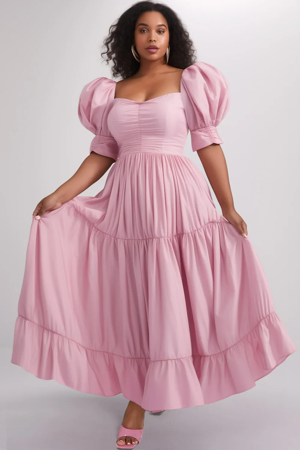 Elegant Puff Sleeve Women's Plus Size Dress Square Collar Pleated A-Line Weeding Guest Solid Casual Party Sweet Dresses 2024