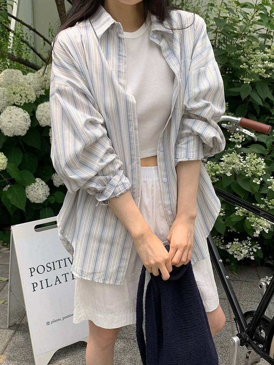 

Women's Loose Stripe Shirt Spring Summer New Style Korean Version Sun Protection Top Youthful Design Casual Wear