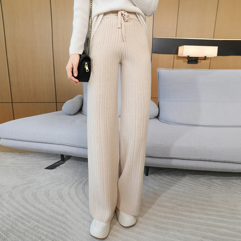 100% pure wool wide leg knitted women's autumn and winter loose outer high elasticity straight leg floor pants wool pants