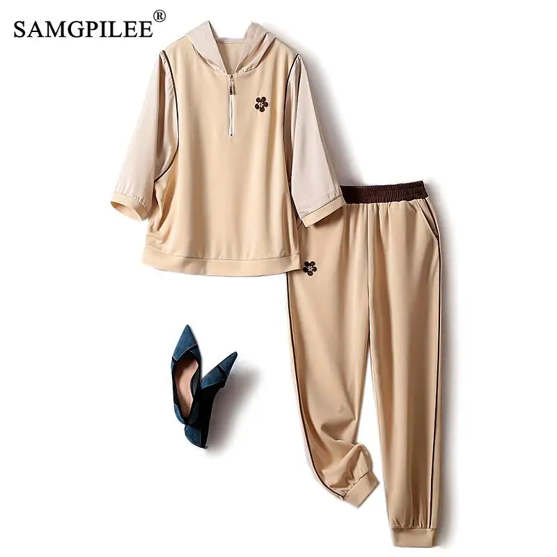 

Set Of Two Fashion Pieces For Women Acetate Sleeve Patchwork Knit Hoodie Elastic Waist Women's Pants 2 Piece Sets Womens Outfits