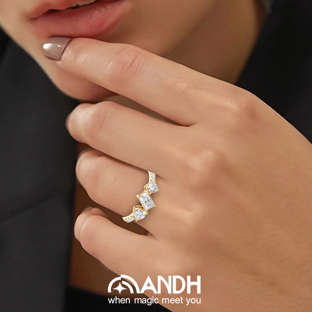 ANDH ثلاثة حجر مويسانيتي خاتم للنساء 925 فضة تألق الماس خاتم الخطوبة أنيقة حفلة غرامة مجوهرات هدية #4