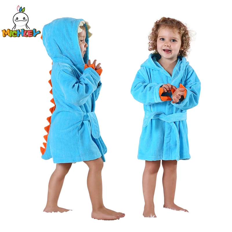 MICHLEY Baby Bathrobe Cartoon Dinosaur Cotton Hooded Soft Infant Bath Towel Robe Pajamas For Kids Boy Girl Children Winter 1-5T