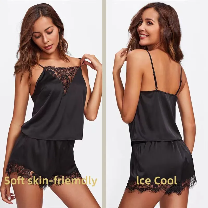 Women Ice Silk Pajamas Sleepwear Pajama Set Nightgowns Nightdress Camisole Shorts Black Red L XL Lace Casual Sexy Smooth