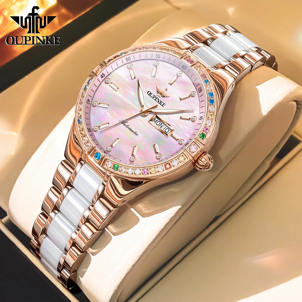 OUPINKE Original Luxury Automatic Watch for Women Waterproof Elegant Diamond Ceramic Ladies Wristwatch Import Mechanical Watches