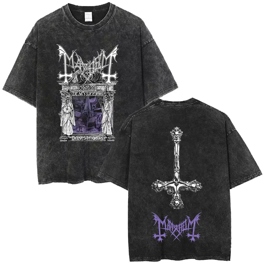 Gewaschenes Vintage Rock Band Mayhem De Mysteriis Dom Sathanas Skelett Grafik T-Shirt Herren Death Black Metal Gothic Punk T-Shirts