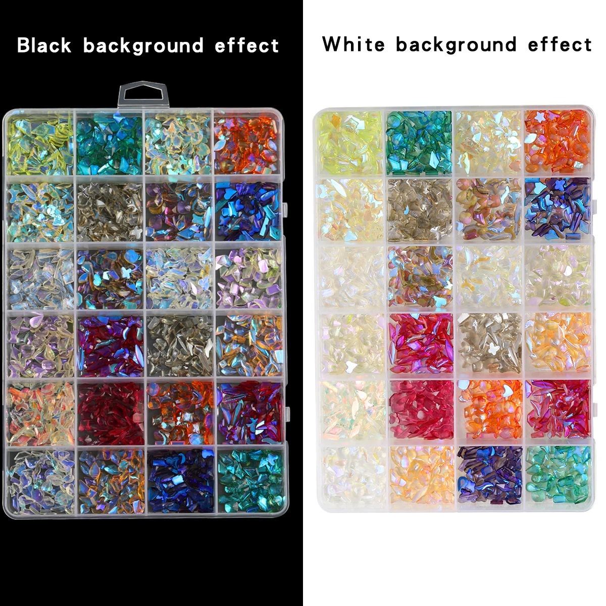About 1800pcs Nail Art Resin Aurora Special-Shaped Diamonds, Multi-Color Mixed Nail Diamonds of Different Shapes, 24 Grid Shiny