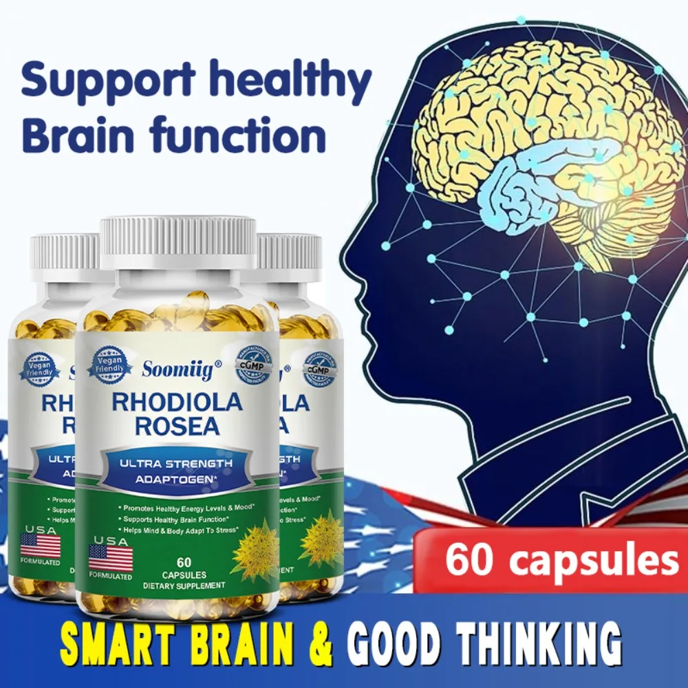 Rhodiola Rosea de alta resistencia: ayuda con energía, función cerebral y memoria, alivio del estrés, sin OGM, sin gluten, saludable