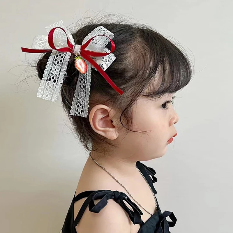 Red Cherry Cloth Bow Girls Hair Clip Plaid Lace Bow Ribbon Strawberry Cherry Hairpin Kawaii Side Bangs Clip Barrettes Headwear