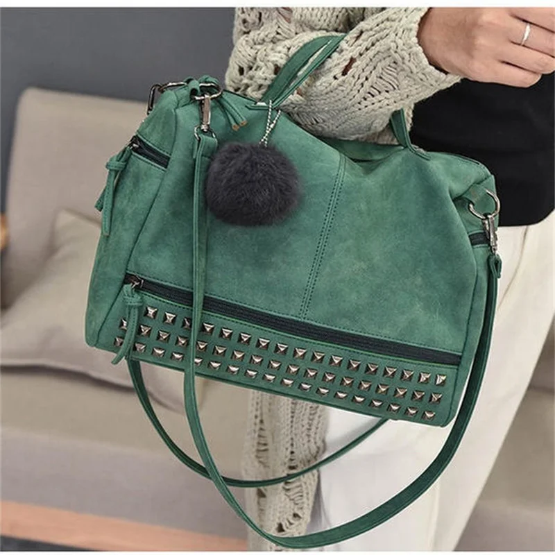 

Vintage Nubuck Large Capacity Women's Shoulder Bag with Rivet Detailing Hair Ball Accents Top-Handle Messenger Handbag