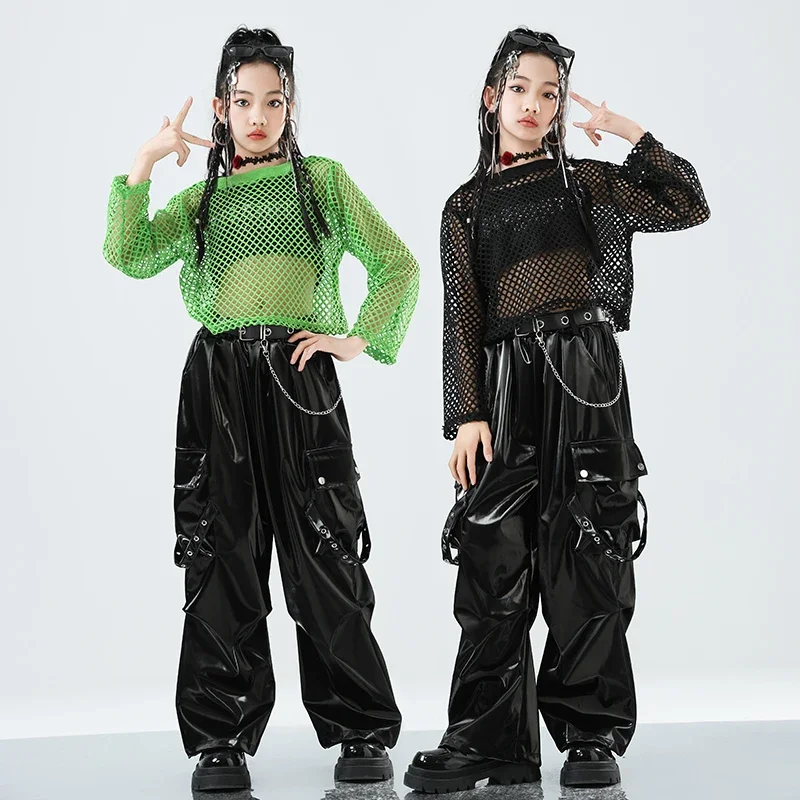 소녀 k-pop 메쉬 운동복 스트리트 댄스 카고 바지 십대 힙합 streetwear 어린이 어린이 재즈 반짝 이는 의상 의류 세트