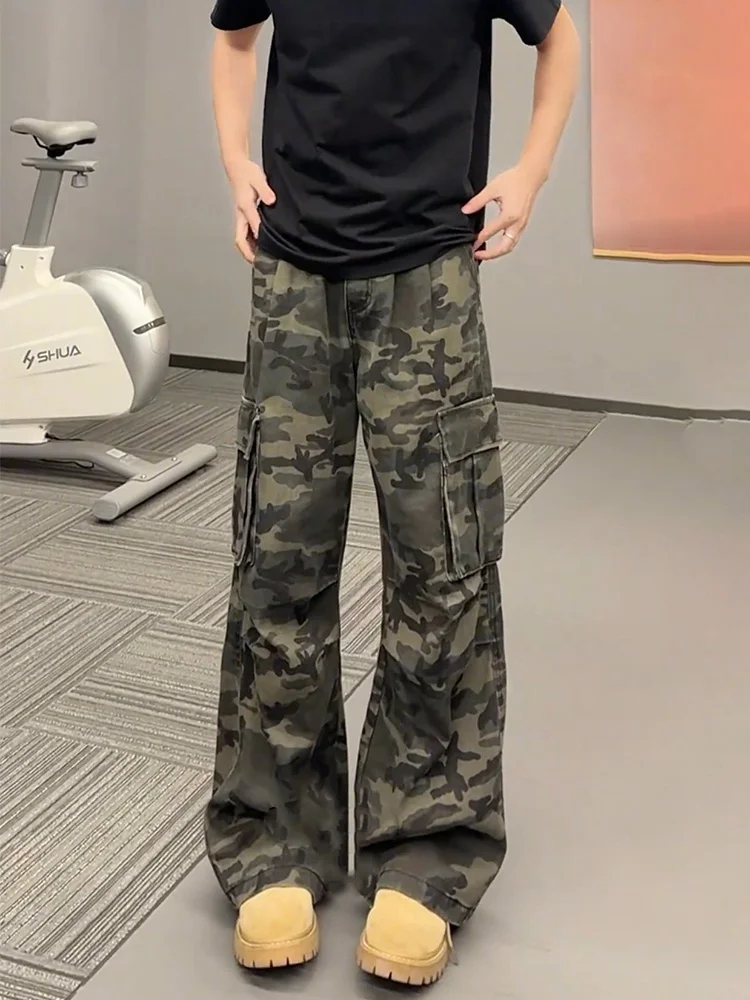 

American Retro Folded Camouflage Work Pants Men's Tall Extended Version Straight Loose Wide Leg Jeans Casual Youthful Sle